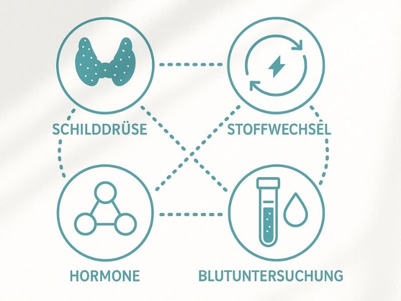 Ein Schema, das zeigt, wie man Schilddrüsenprobleme behandelt. Stoffwechsel, Hormone, Blutuntersuchung und Schilddrüse bedingen sich alle gegenseitig.