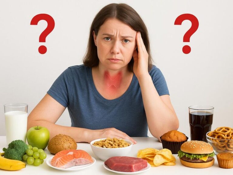 Eine Frau sitzt am Tisch mit vielen Lebensmitteln und großen Fragezeichen. Sie kennt sich nicht aus mit Ernährung bei Hashimoto.