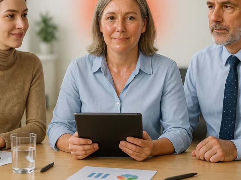 Drei Menschen sitzen am Tisch und gehen gemeinsam Wechseljahre Symptome durch.